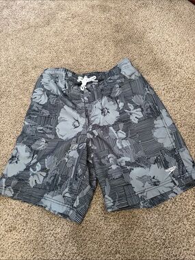 Speedo Gray and Black Floral Stripe Swim Shorts